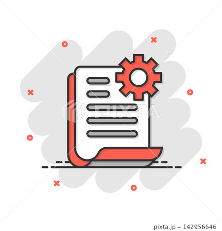 Document with gear icon in comic style. Big data processing cartoon vector illustration on white isolated background. Paper sheet software solution splash effect business concept. 142956646