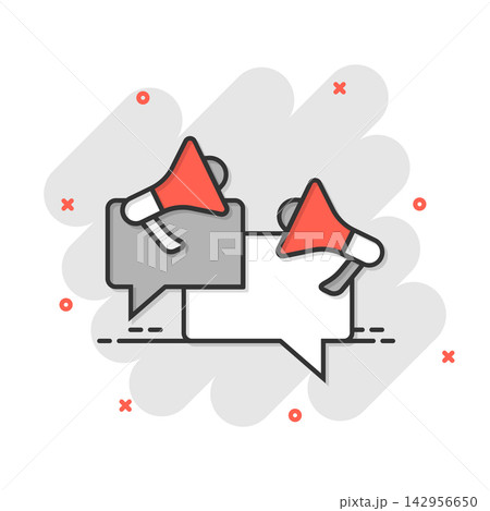 Speech bubble with megaphone icon in comic style. Dialogue box cartoon vector illustration on white isolated background. Bullhorn speaker splash effect business concept. 142956650