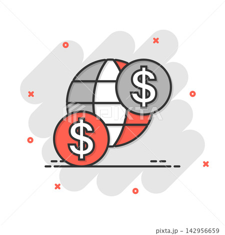 Global business icon in comic style. Money transaction cartoon vector illustration on white isolated background. Banknote bill security  splash effect business concept. 142956659