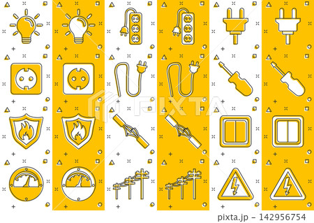 Vector cartoon electricity icons set in comic style. Electrician sign illustration pictogram. Voltage technology business splash effect concept. 142956754