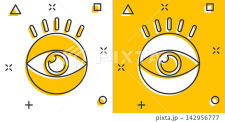 Vector cartoon eye icon in comic style. Eyeball look sign illustration pictogram. Eye business splash effect concept. Vector cartoon eye icon in comic style. Eyeball look sign illustration pictogram. Eye business splash effect concept. 142956777
