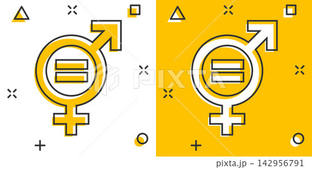 Vector cartoon gender equal icon in comic style. Men and women sign illustration pictogram. Sex business splash effect concept. 142956791