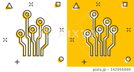 Vector cartoon circuit board icon in comic style. Technology scheme sign illustration pictogram. Microchip business splash effect concept. 142956899