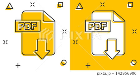 Vector cartoon PDF download icon in comic style. PDF format sign illustration pictogram. Document business splash effect concept. 142956900