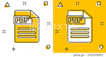Vector cartoon PDF download icon in comic style. PDF format sign illustration pictogram. Document business splash effect concept. 142956901