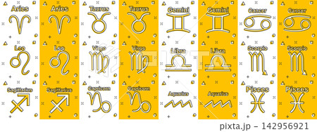 Vector cartoon zodiac icon set in comic style. Astrology signs illustration pictogram. Astrological horoscope business splash effect concept. 142956921