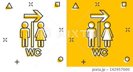 Vector cartoon WC, toilet icon in comic style. Men and women restroom sign illustration pictogram. WC business splash effect concept. Vector cartoon WC, toilet icon in comic style. Men and women restroom sign illustration pictogram. WC business splash effect concept. 142957000
