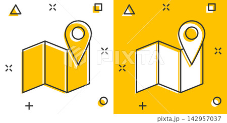 Cartoon map pin icon in comic style. Location gps illustration pictogram. Destination sign splash business concept. Cartoon map pin icon in comic style. Location gps illustration pictogram. Destination sign splash business concept. 142957037