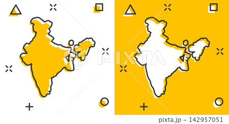 Cartoon colored India map icon in comic style. India sign illustration pictogram. Country geography splash business concept. Cartoon colored India map icon in comic style. India sign illustration pictogram. Country geography splash business concept. 142957051