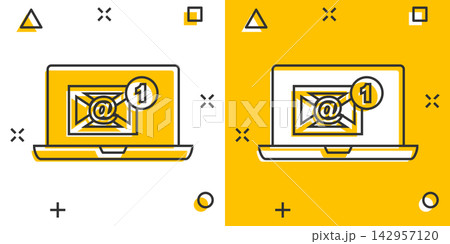 Vector cartoon email envelope message icon in comic style. Mail sign illustration pictogram. Laptop computer business splash effect concept. Vector cartoon email envelope message icon in comic style. Mail sign illustration pictogram. Laptop computer business splash effect concept. 142957120