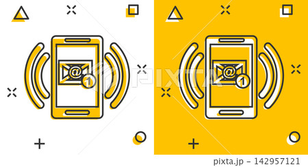 Mobile phone chat sign icon in comic style. Message notifications vector cartoon illustration on white isolated background. Smartphone text business concept splash effect. 142957121