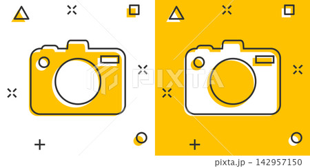 Vector cartoon photo camera icon in comic style. Photographer cam sign illustration pictogram. Camera business splash effect concept. Vector cartoon photo camera icon in comic style. Photographer cam sign illustration pictogram. Camera business splash effect concept. 142957150