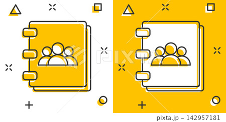 Vector cartoon address book icon in comic style. Contact note sign illustration pictogram. Notebook business splash effect concept. 142957181