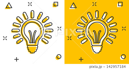 Vector cartoon light bulb icon in comic style. Lighting electric sign illustration pictogram. Idea lightbulb business splash effect concept. Vector cartoon light bulb icon in comic style. Lighting electric sign illustration pictogram. Idea lightbulb business splash effect concept. 142957184