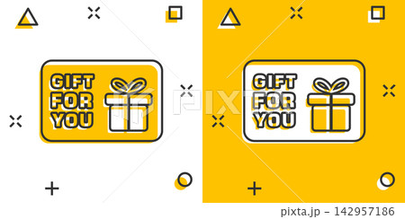 Cartoon gift card icon in comic style. Gift voucher present illustration pictogram. Discount coupon sign splash business concept. Cartoon gift card icon in comic style. Gift voucher present illustration pictogram. Discount coupon sign splash business concept. 142957186