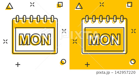 Vector cartoon monday calendar page icon in comic style. Calendar sign illustration pictogram. Monday agenda business splash effect concept. Vector cartoon monday calendar page icon in comic style. Calendar sign illustration pictogram. Monday agenda business splash effect concept. 142957220