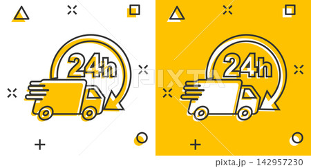 Vector cartoon delivery truck 24h icon in comic style. 24 hours fast delivery service shipping sign illustration pictogram. Car van business splash effect concept. 142957230