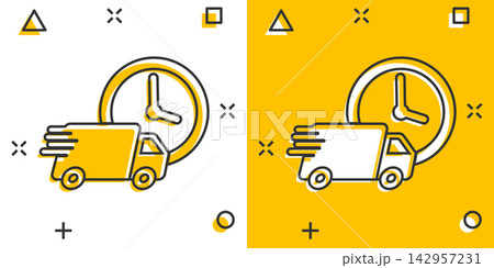 Vector cartoon delivery truck 24h icon in comic style. 24 hours fast delivery service shipping sign illustration pictogram. Car van business splash effect concept. Vector cartoon delivery truck 24h icon in comic style. 24 hours fast delivery service shipping sign illustration pictogram. Car van business splash effect concept. 142957231