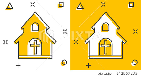 Vector cartoon church sanctuary icon in comic style. Chapel sign illustration pictogram. Church business splash effect concept. Vector cartoon church sanctuary icon in comic style. Chapel sign illustration pictogram. Church business splash effect concept. 142957233