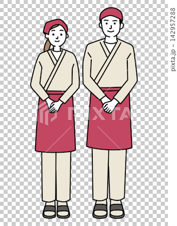 作務衣を着た飲食店スタッフ　若い男女 142957288