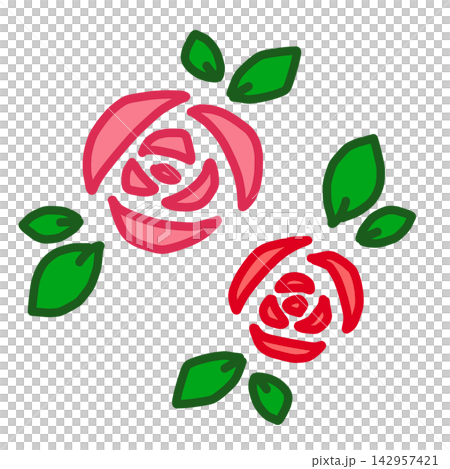 Hand-painted style roses and leaves, pink and red, 2 flowers Hand-painted style roses and leaves, pink and red, 2 flowers 142957421