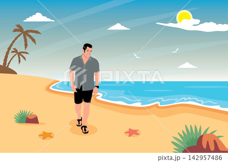 Man walking on the beach. Summertime. Vector illustration in flat style Man walking on the beach. Summertime. Vector illustration in flat style 142957486