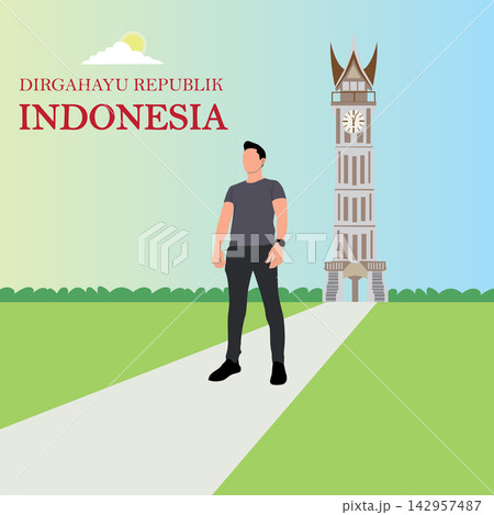 Vector illustration of a man standing in front of Padang Tower. Vector illustration of a man standing in front of Padang Tower. 142957487