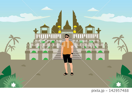 Traveler man in front of the temple. Vector illustration in flat style 142957488