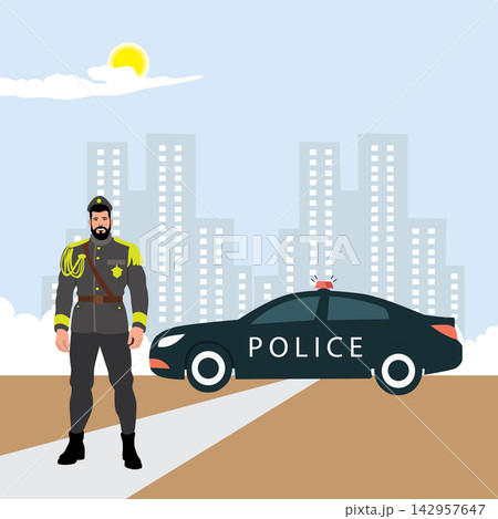 Police officer standing near police car. Vector illustration in flat style. Police officer standing near police car. Vector illustration in flat style. 142957647