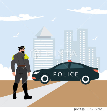 Police officer standing near police car. Vector illustration in flat style. Police officer standing near police car. Vector illustration in flat style. 142957648