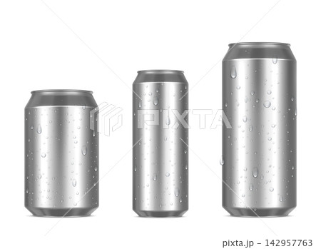 Realistic silver aluminum beverage cans with condensation droplets, blank soda and energy drink packaging mockup in different sizes, chilled metallic containers for product advertising. Vector set Realistic silver aluminum beverage cans with condensation droplets, blank soda and energy drink packaging mockup in different sizes, chilled metallic containers for product advertising. Vector set 142957763