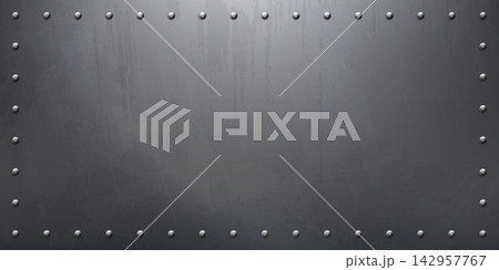 Dark riveted steel metal vector background with weathered industrial plate texture, realistic silver fasteners, scratched grunge surface, blank copy space and heavy mechanical frame for banner Dark riveted steel metal vector background with weathered industrial plate texture, realistic silver fasteners, scratched grunge surface, blank copy space and heavy mechanical frame for banner 142957767
