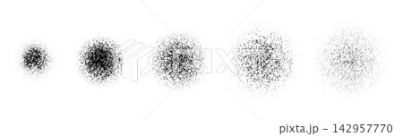 Stippled radial brush vector set with scattered dot bursts, fading particle clouds, speckled circular spray textures and monochrome grunge dispersion elements for abstract overlays 142957770