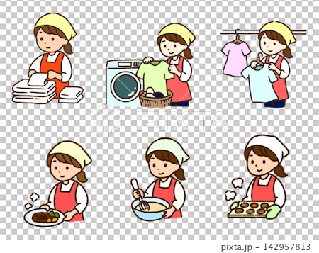 Women's set for folding laundry, washing clothes, hanging clothes to dry, and cooking. Women's set for folding laundry, washing clothes, hanging clothes to dry, and cooking. 142957813