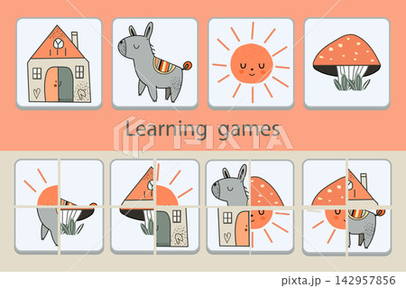 Illustration of educational matching game with animals and objects, ideal for childrens learning Illustration of educational matching game with animals and objects, ideal for childrens learning 142957856
