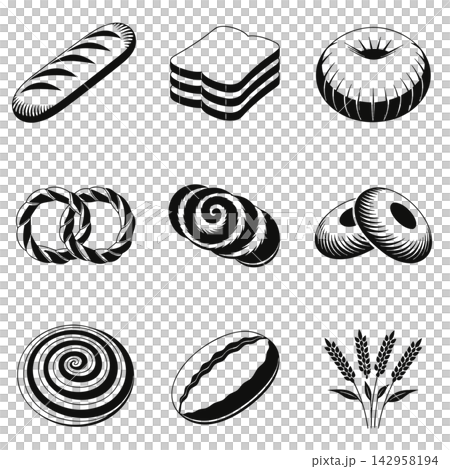 The image shows a black-and-white vector icon set featuring a variety of nine different bakery and bread items 142958194