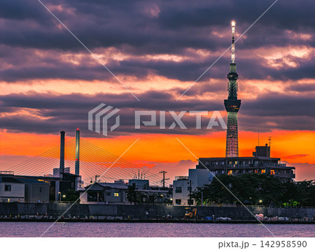 夕焼けに染まるスカイツリーと中川の夕景 夕焼けに染まるスカイツリーと中川の夕景 142958590