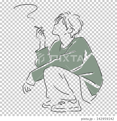 A simple hand-drawn line art illustration of a young man smoking a cigarette. A simple hand-drawn line art illustration of a young man smoking a cigarette. 142959142