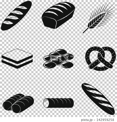 The image displays a set of nine black-and-white bakery and bread-related icons The image displays a set of nine black-and-white bakery and bread-related icons 142959258