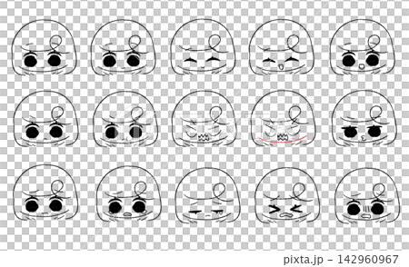 Line art illustrations of a black-haired girl with 15 different facial expressions. 142960967