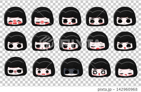 Illustrations of a black-haired girl with 15 different colored facial expressions. Illustrations of a black-haired girl with 15 different colored facial expressions. 142960968