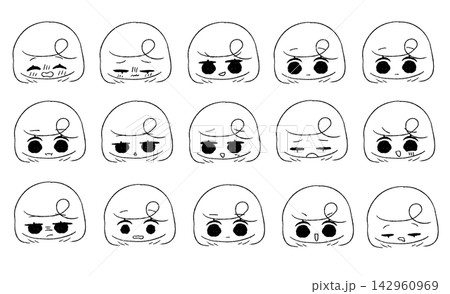 黒髪の女の子の表情差分15種類のシンプルな線画イラスト 142960969