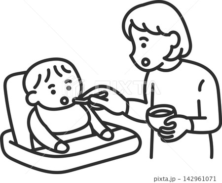 赤ちゃんに離乳食を食べさせるお母さんのイラスト 線画のみ 赤ちゃんに離乳食を食べさせるお母さんのイラスト 線画のみ 142961071