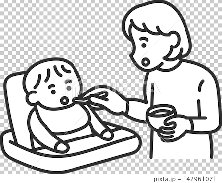 母親給嬰兒餵食固體食物的插圖(僅線條畫)。 母親給嬰兒餵食固體食物的插圖(僅線條畫)。 142961071