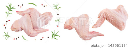 Raw chicken wings isolated on white background with full depth of field. Top view. Flat lay Raw chicken wings isolated on white background with full depth of field. Top view. Flat lay 142961154