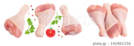 Raw chicken leg or drumstick isolated on white background with full depth of field. Top view. Flat lay 142961156
