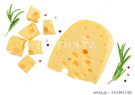 cubes of cheese isolated on white background . Top view. Flat lay 142961198