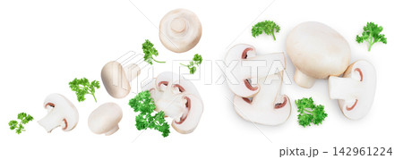 Fresh mushrooms and slices isolated on white background with copy space for your text. Top view. Flat lay. 142961224