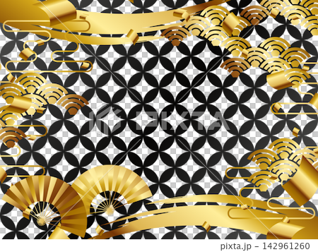 A luxurious fan with a Shippo (seven treasures) pattern background; horizontal orientation; black and gold. A luxurious fan with a Shippo (seven treasures) pattern background; horizontal orientation; black and gold. 142961260