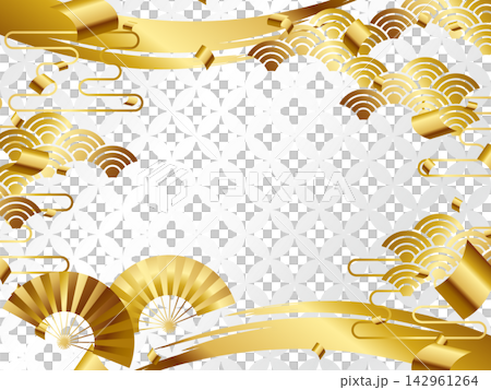 A luxurious fan with a Shippo (seven treasures) pattern background; horizontal orientation; white and gold. 142961264